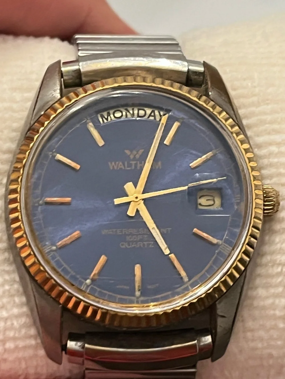 Waltham: Vintage Day/Date Watch Blue Face: Scratched Crystal- See Pics New Batt